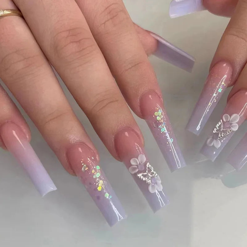 ✨ 24pcs Gold French Border Press-On Nails – Long Coffin Style with Rhinestones