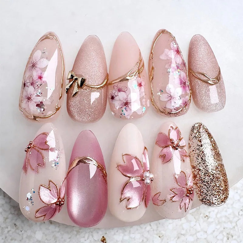 🌸 24pcs Pink Almond Press-On Nails – Sweet Summer Floral with Pearls