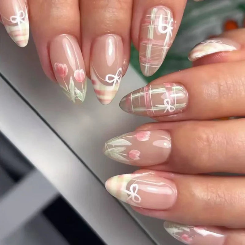 🎀 24pcs French Almond Press-On Nails – Elegant Golden Bow Design