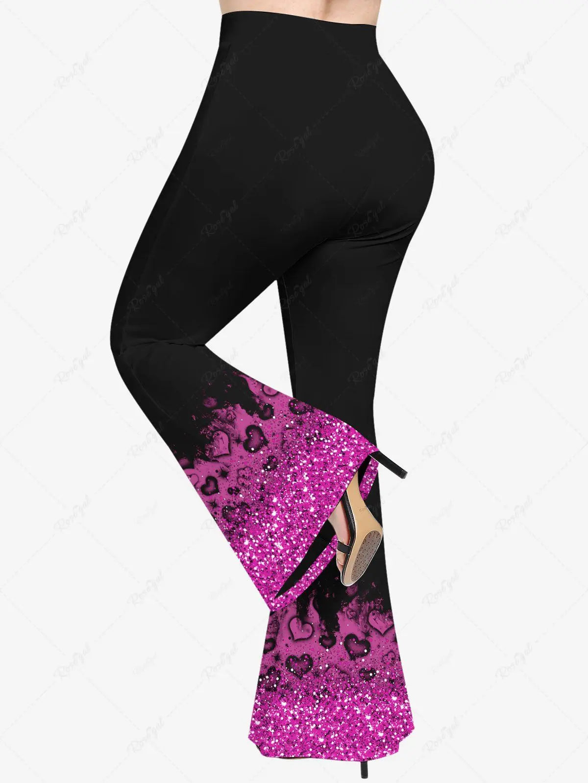 New Women's Heart Sparkling Sequin Glitter 3D Print Lattice Crisscross Flare Sleeve Top & Flare Pants Matching Set
