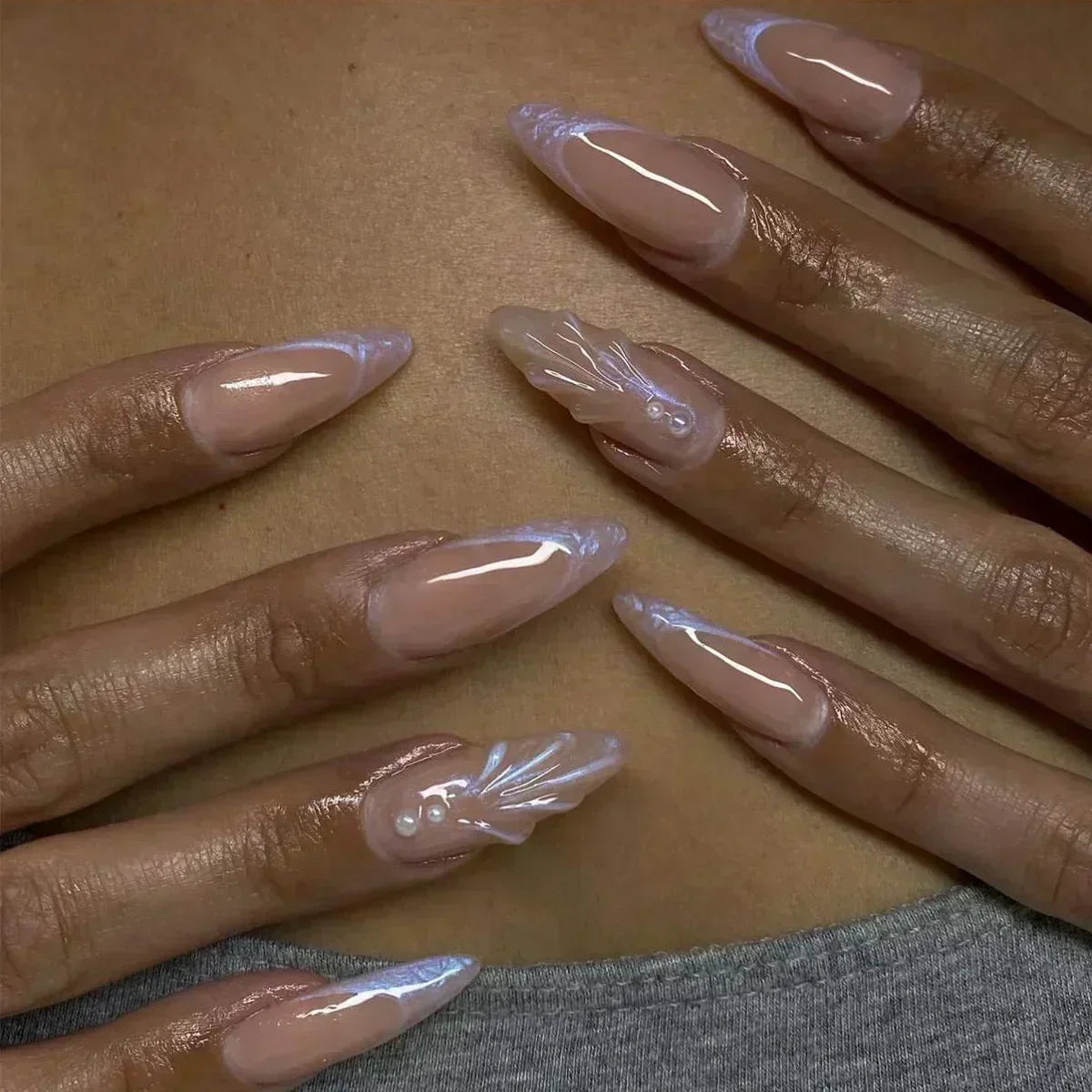 💗 24pcs French Almond Press-On Nails – White Edge with INS Pink Style