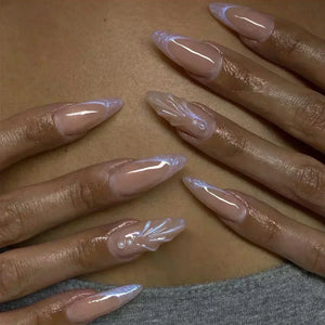 💗 24pcs French Almond Press-On Nails – White Edge with INS Pink Style