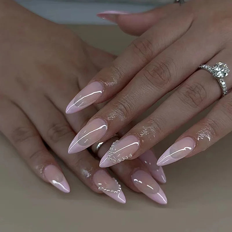🎀 24pcs French Almond Press-On Nails – Elegant Golden Bow Design