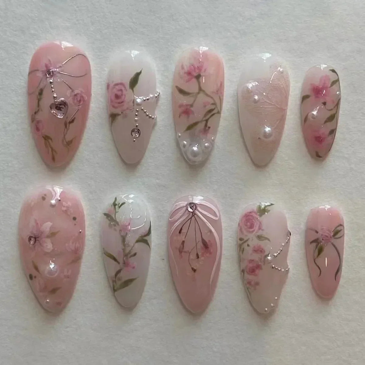 💗 24pcs French Almond Press-On Nails – White Edge with INS Pink Style