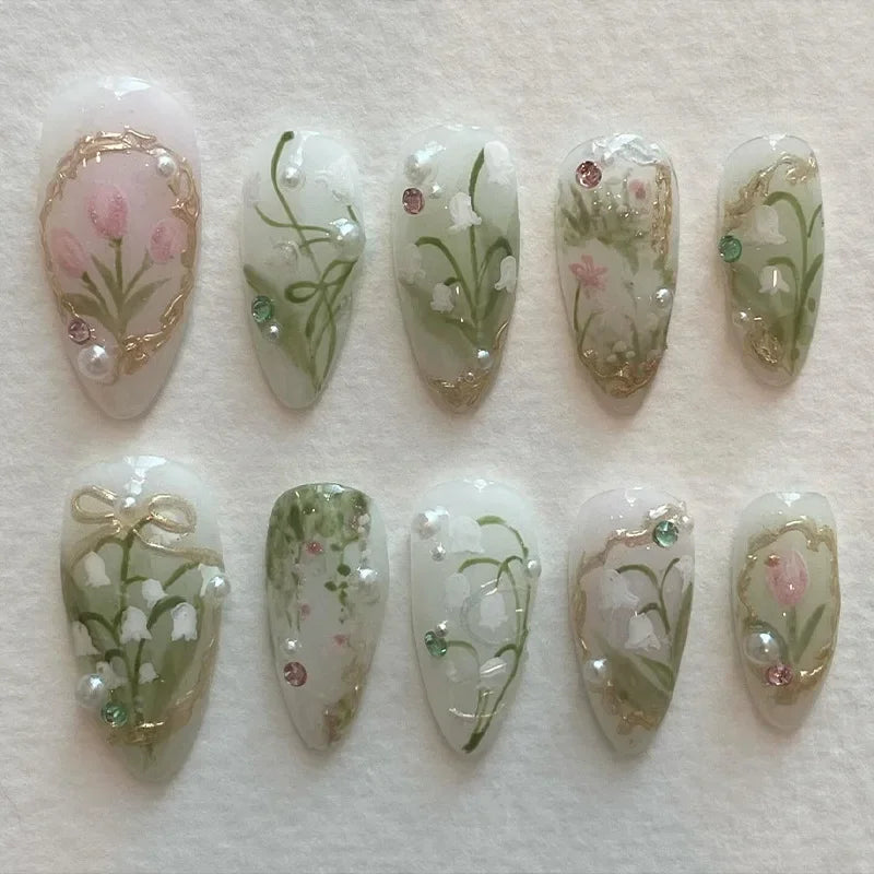 🌸 24pcs Pink Almond Press-On Nails – Sweet Summer Floral with Pearls
