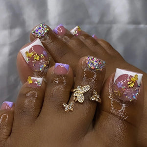 🦋 24pcs Butterfly Design Press-On Toe Nails – Short French Style with Rhinestones