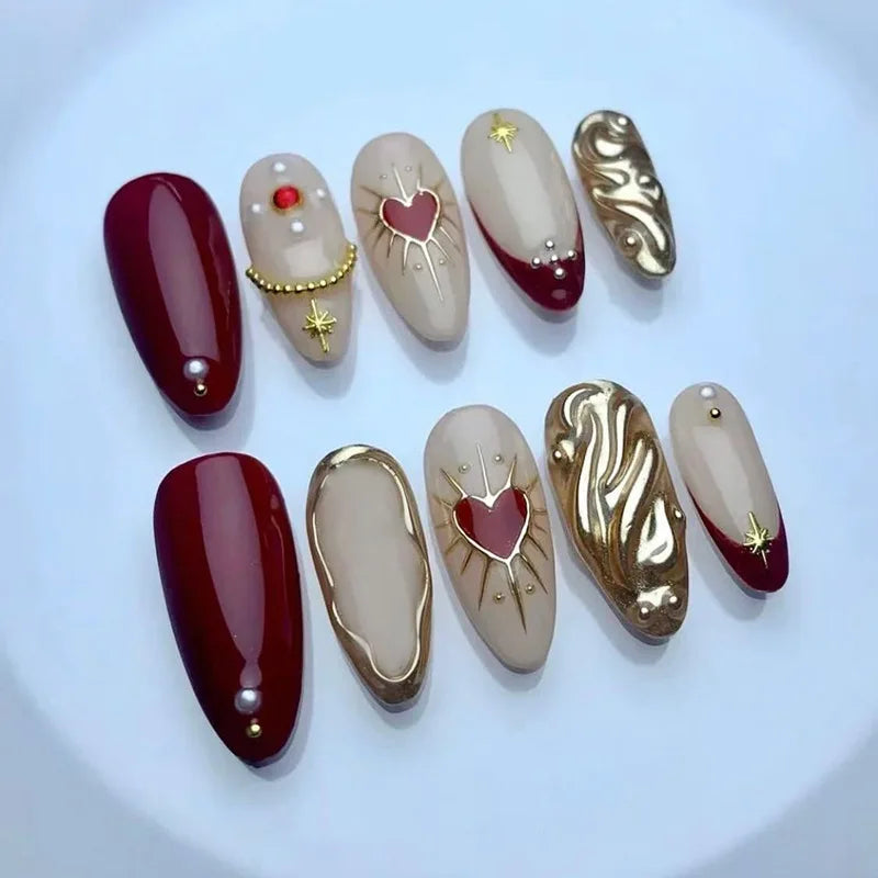 🍃 24pcs 3D Green Ripple Cat’s Eye Press-On Nails – French Almond Style with Leaf Design