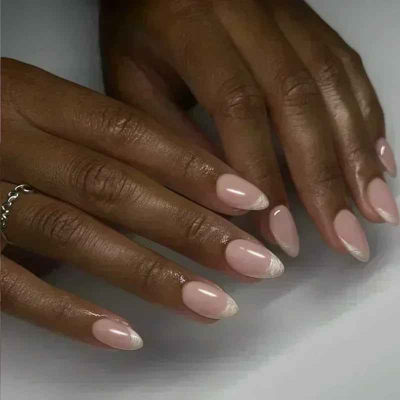 💗 24pcs French Almond Press-On Nails – White Edge with INS Pink Style