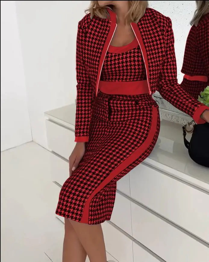 Elegant 3-Piece Set for Women: Autumn/Winter Spaghetti Top, Skirt, and Coat Suit