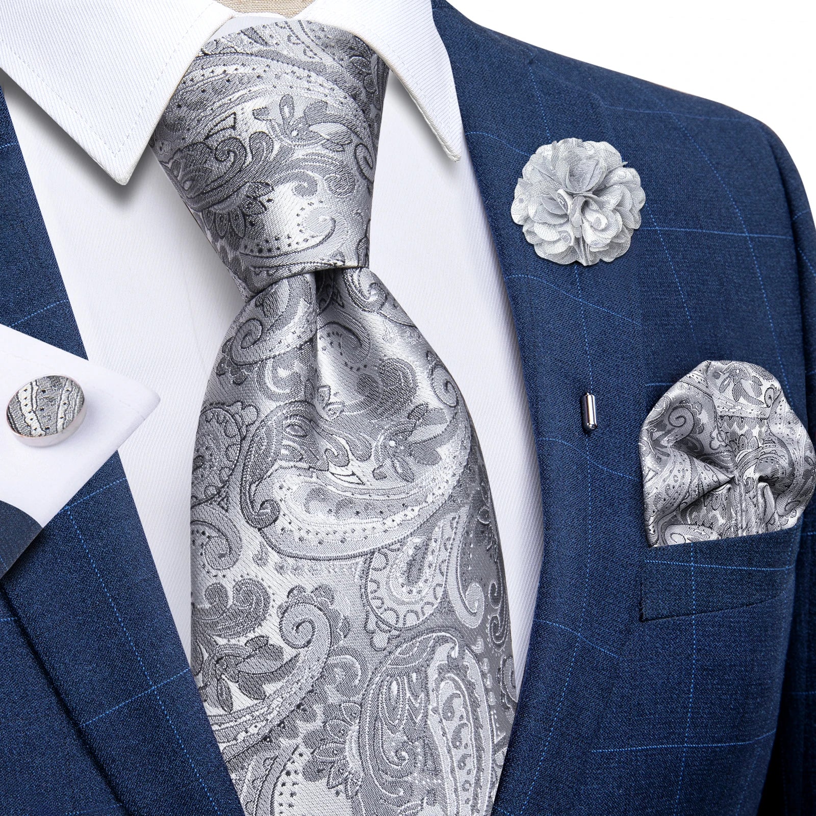 Blue Silver Paisley Neck Tie Set for Men