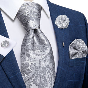 Blue Silver Paisley Neck Tie Set for Men