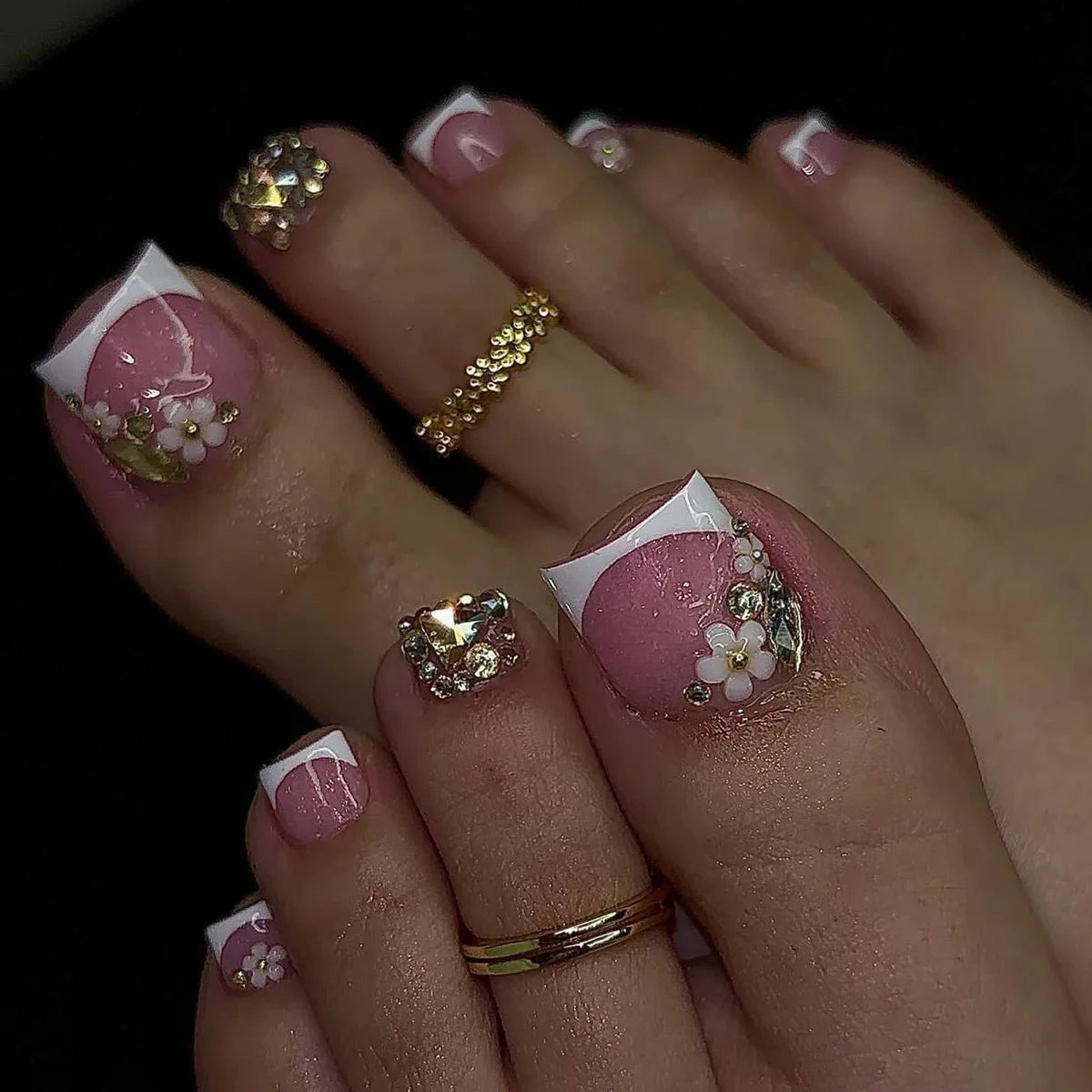 🦋 24pcs Butterfly Design Press-On Toe Nails – Short French Style with Rhinestones