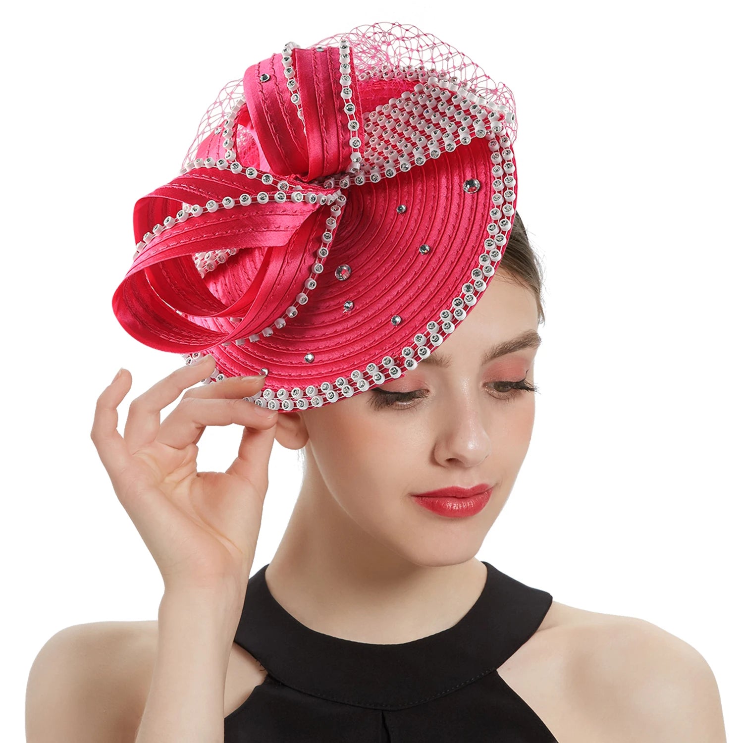 🎀 Perfect Satin Fascinator – Multicolor Fancy Hair Accessory with Veil & Rhinestones