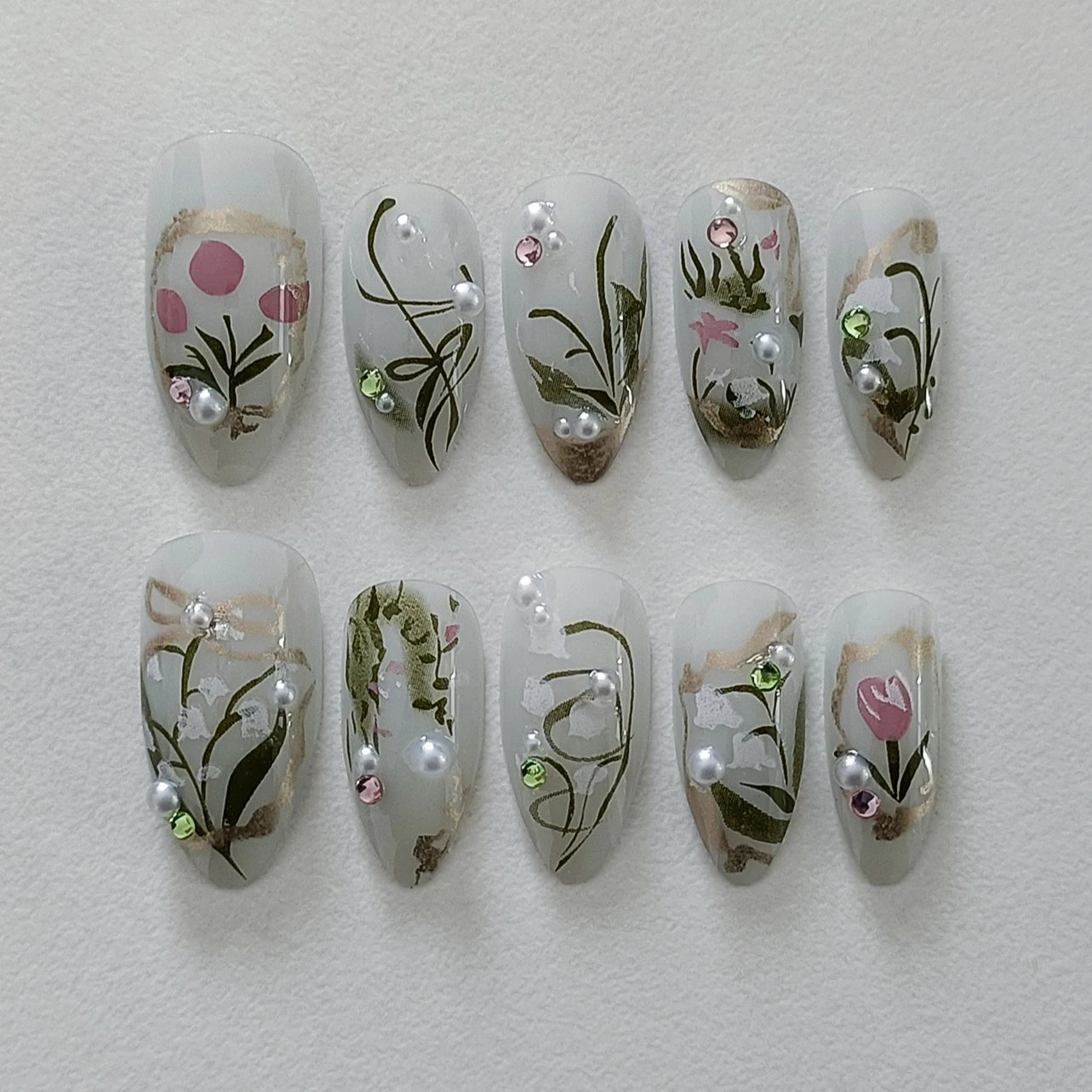 🌿 24pcs Flora Almond Press-On Nails – Mori Girl Ballet-Inspired Beauty