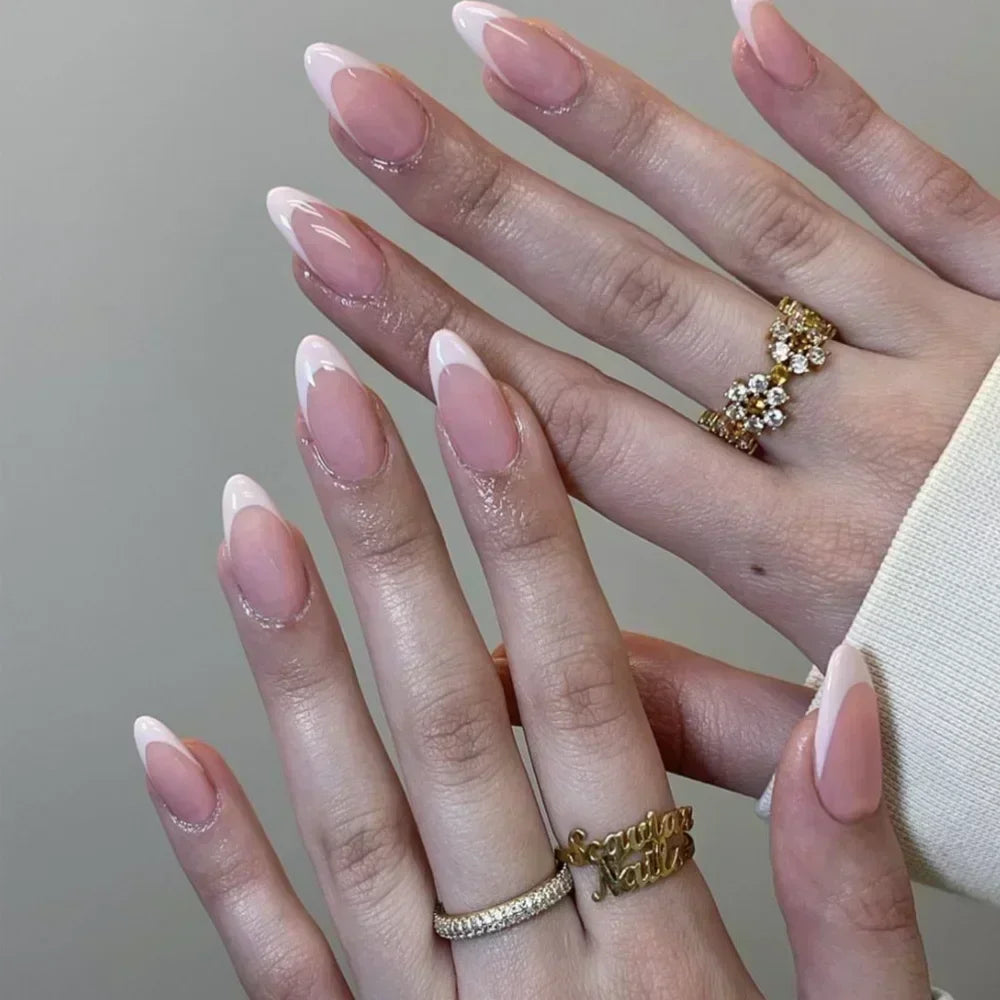💗 24pcs French Almond Press-On Nails – White Edge with INS Pink Style