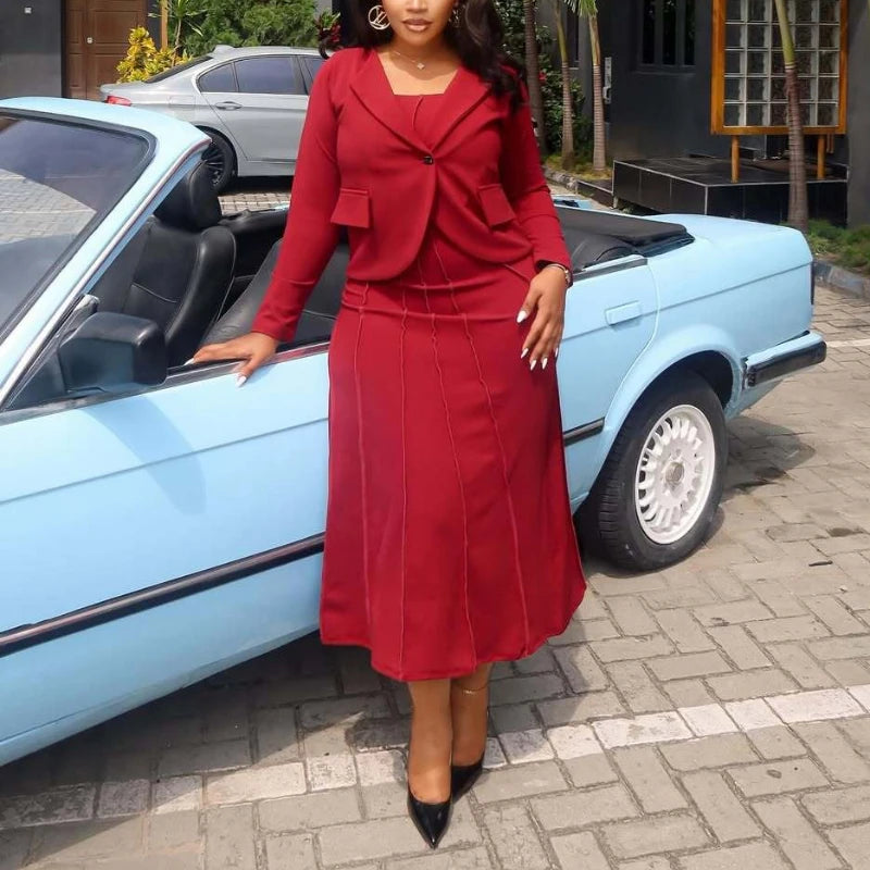 ✨ Two-Piece Women’s Outfit – Blazer + Suspender A-Line Midi Dress ✨