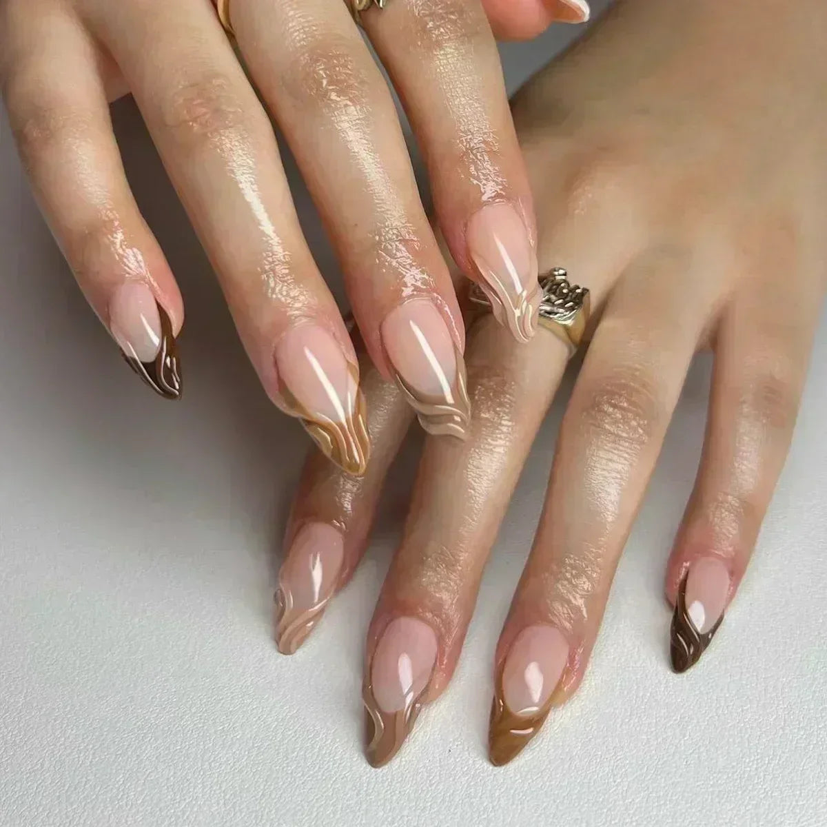 💗 24pcs French Almond Press-On Nails – White Edge with INS Pink Style
