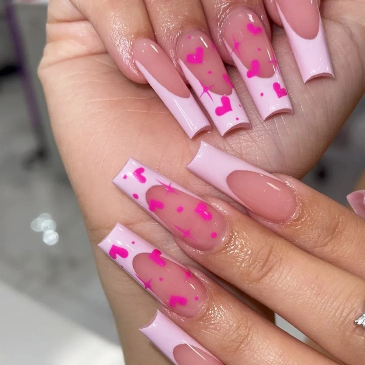 🐻 24pcs Extra Long Square Press-On Nails – 3D Bear & Bow with White French Tips