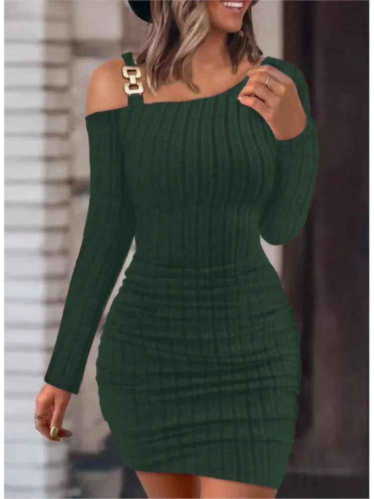 Sexy Chain Off-Shoulder Mini Dress – Autumn & Winter Chic