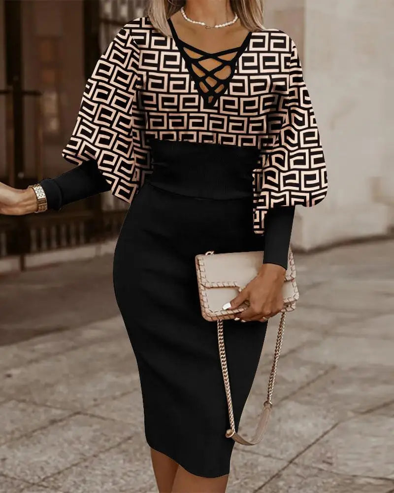 Elegant Long-Sleeved V-Neck Waist Dress for Women