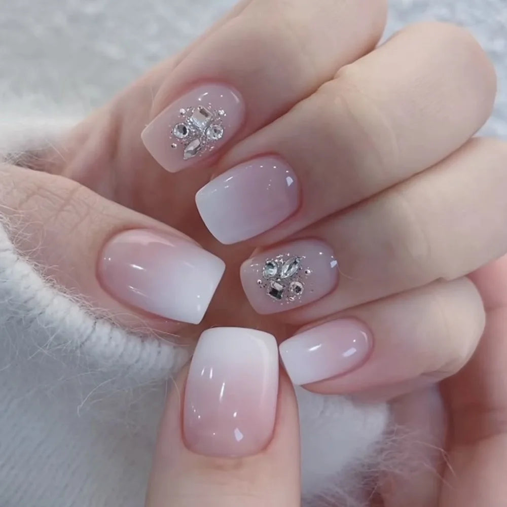 🤍 24pcs Nude White French Press-On Nails – Short Square, Simple & Stylish