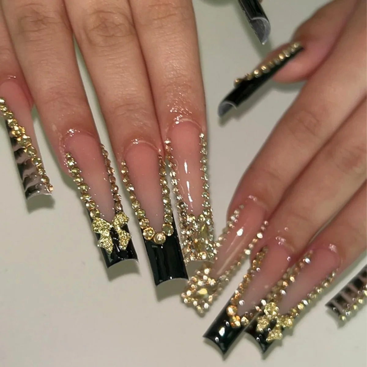 🐻 24pcs Extra Long Square Press-On Nails – 3D Bear & Bow with White French Tips