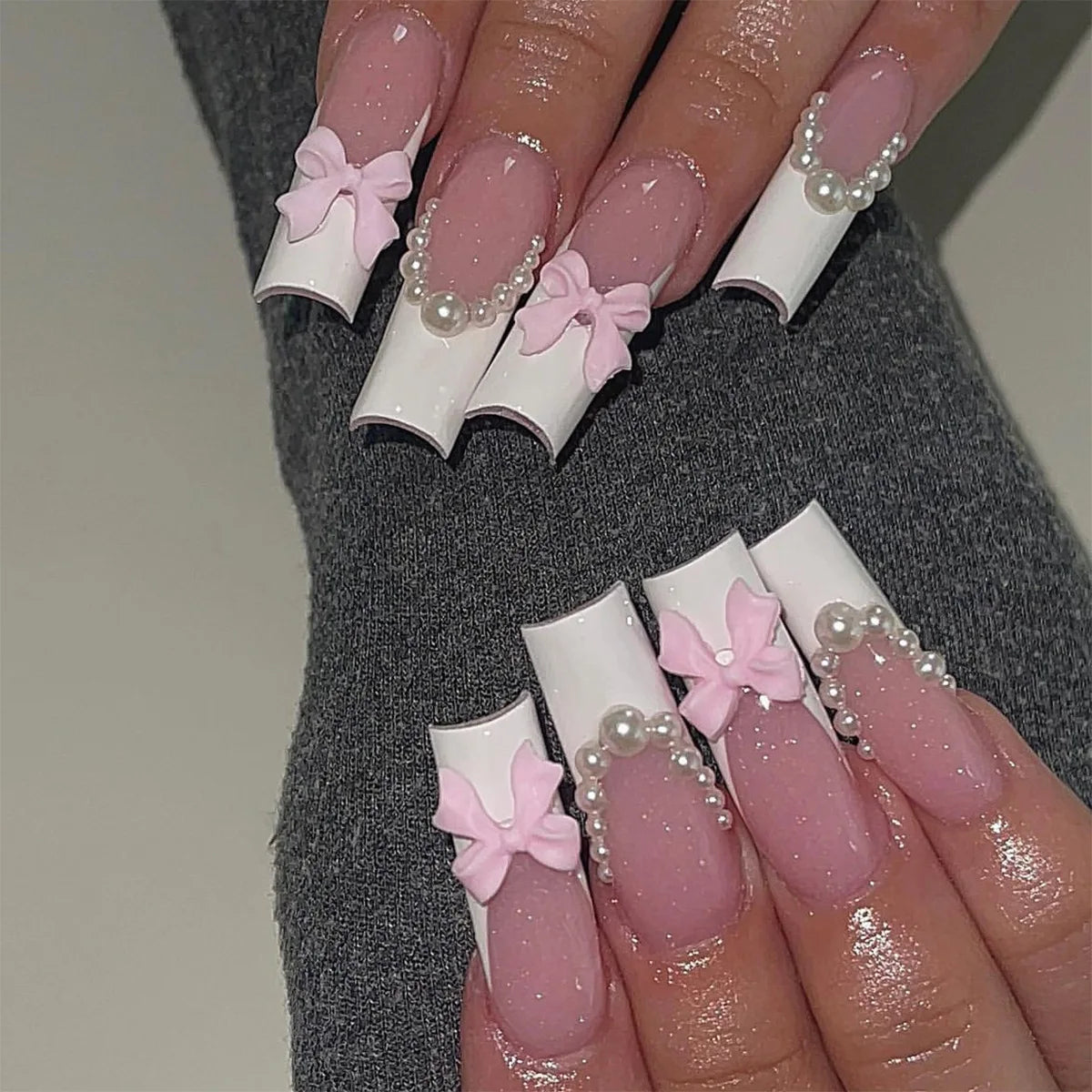 🐻 24pcs Extra Long Square Press-On Nails – 3D Bear & Bow with White French Tips
