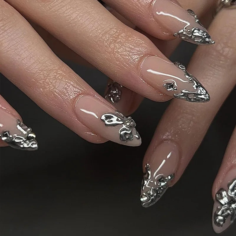 ⭐ 24pcs Simple French Almond Press-On Nails – Chic Stars & Easy Style