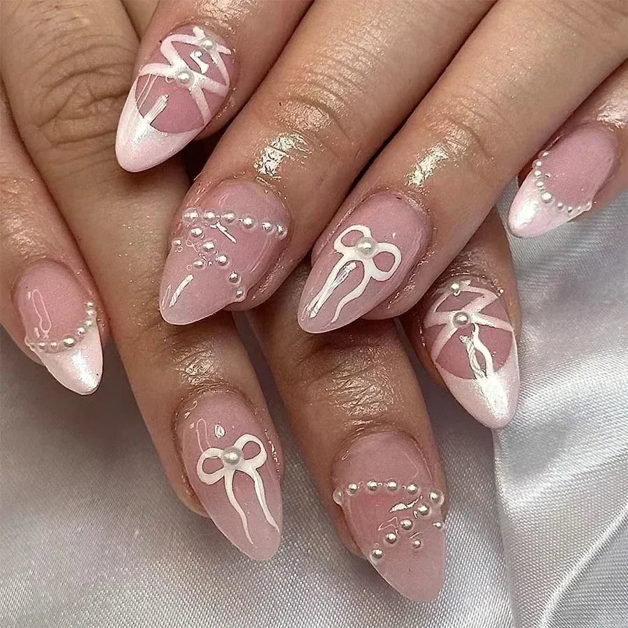 🌸 24pcs Pink Almond Press-On Nails – Sweet Summer Floral with Pearls