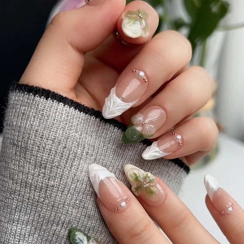 🌿 24pcs Flora Almond Press-On Nails – Mori Girl Ballet-Inspired Beauty