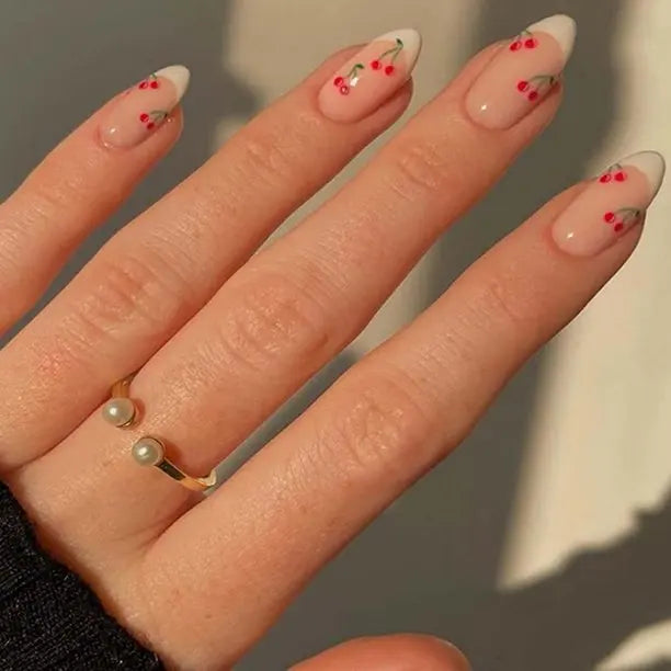 🍒 24pcs Cherry French Almond Press-On Nails – Cute, Wearable & Full of Charm