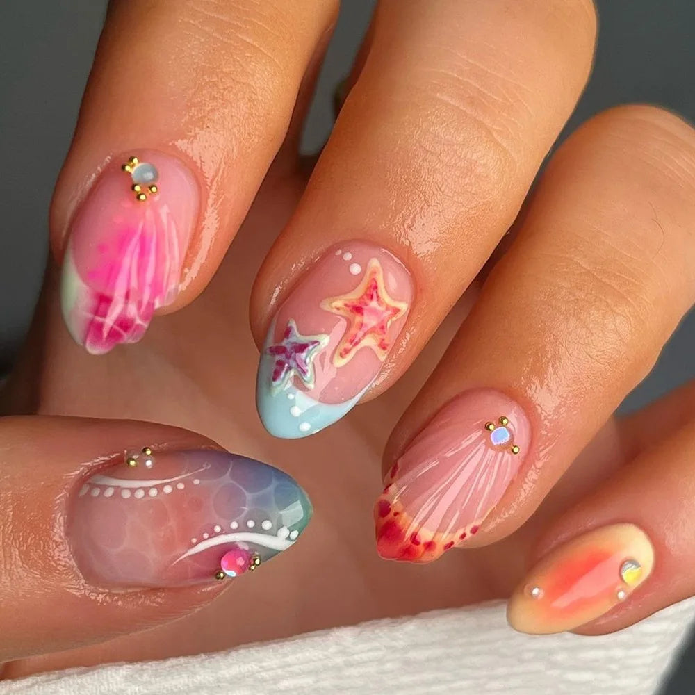 🌊 24pcs Cute Ocean Creature Press-On Nails – Yellow French Tip with Floral Fun