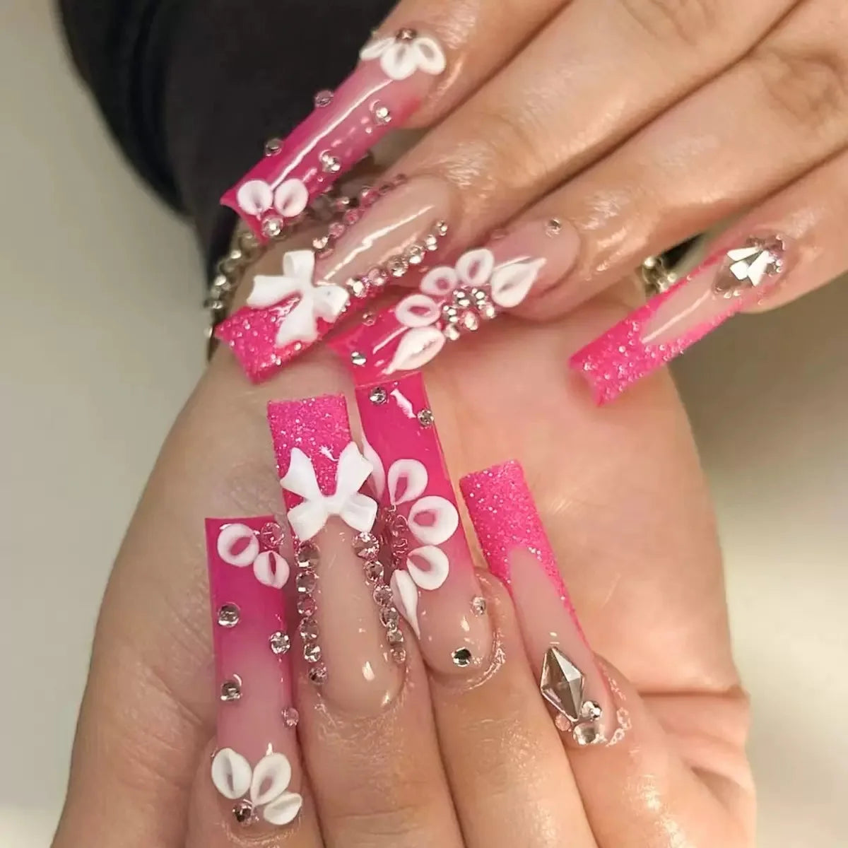 ✨ 24pcs Gold French Border Press-On Nails – Long Coffin Style with Rhinestones
