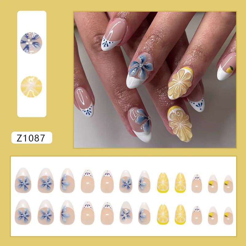 🌼 24pcs White Flower Press-On Nails – INS Yellow & Pink Blush Tones