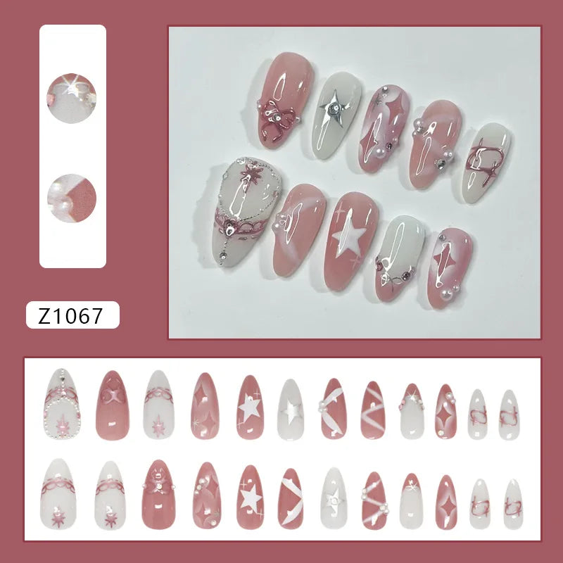 🌼 24pcs White Flower Press-On Nails – INS Yellow & Pink Blush Tones