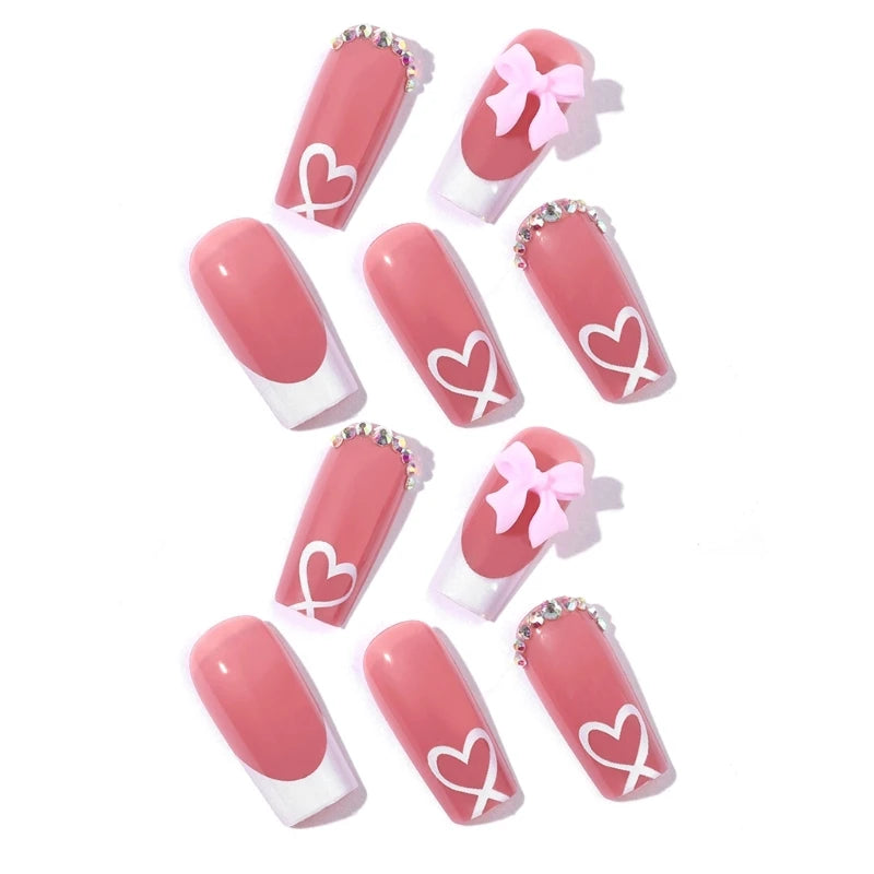 🎀 Chic Bow Tie Press-On Nails – Glossy Nude, Medium Long Square