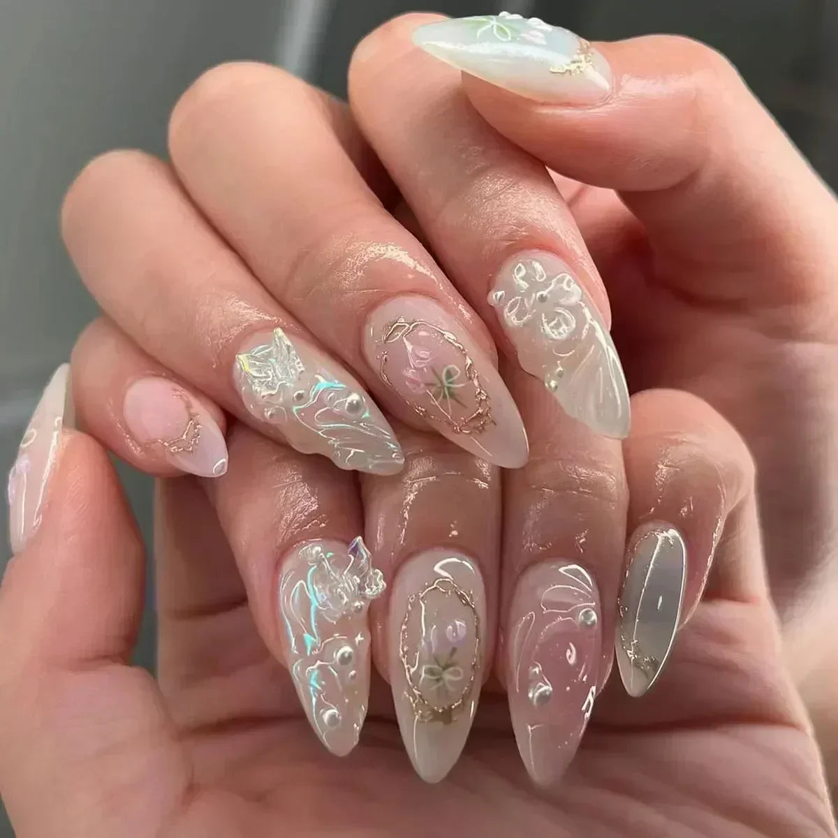 💗 24pcs French Almond Press-On Nails – White Edge with INS Pink Style