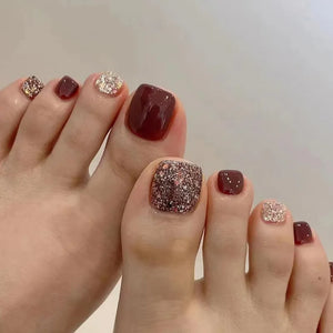 🦋 24pcs Butterfly Design Press-On Toe Nails – Short French Style with Rhinestones