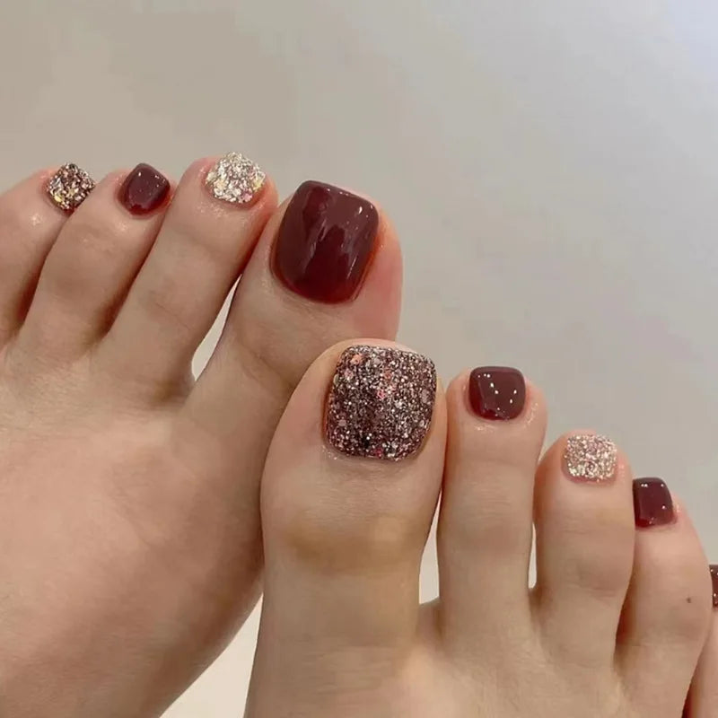 🦋 24pcs Butterfly Design Press-On Toe Nails – Short French Style with Rhinestones