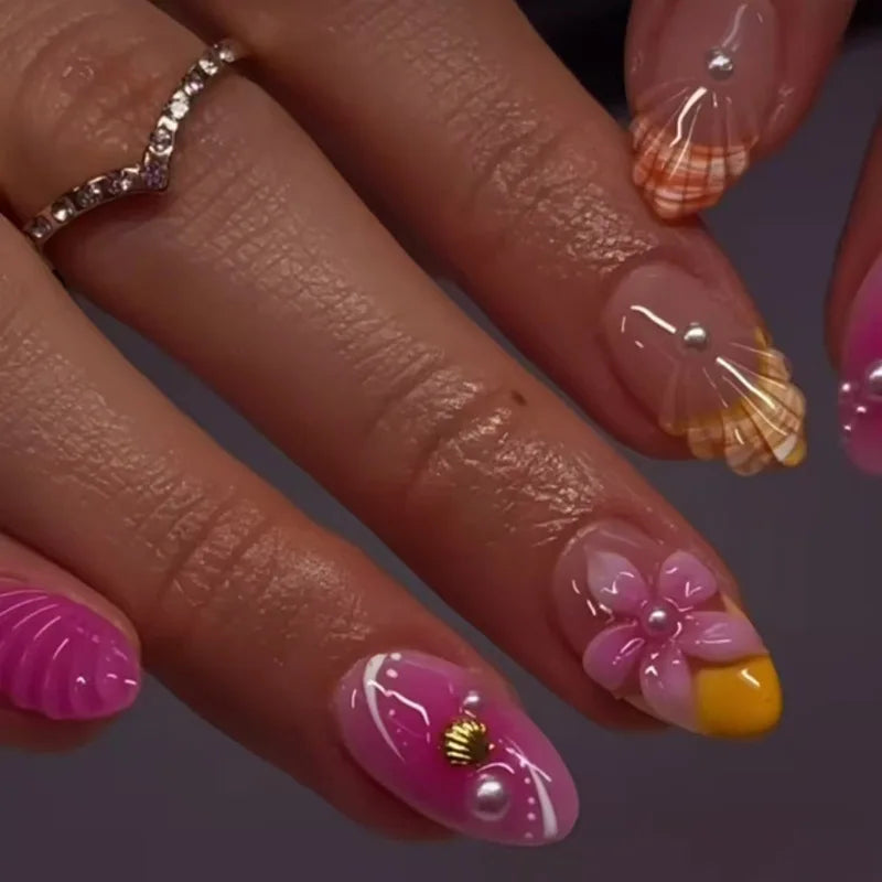 🌞 24PCS Summer Colorful Press-On Nails – Almond Shape with 3D Flowers & Beach Art