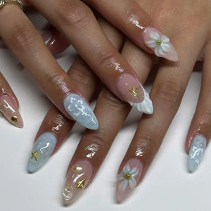 🌞 24PCS Summer Colorful Press-On Nails – Almond Shape with 3D Flowers & Beach Art
