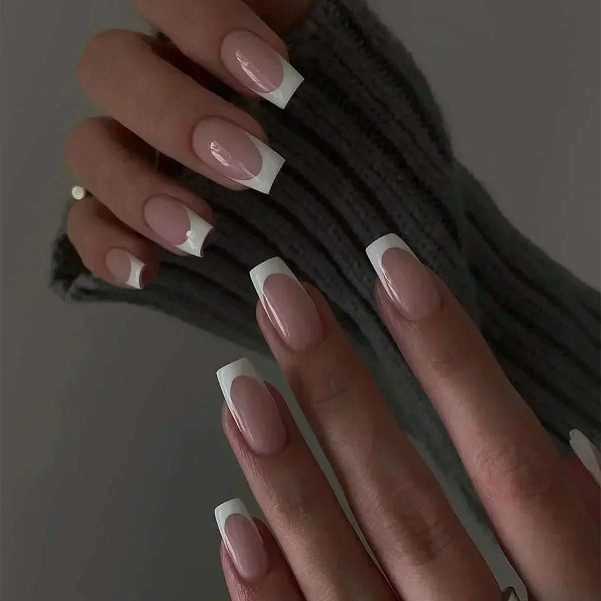 💗 24pcs French Almond Press-On Nails – White Edge with INS Pink Style