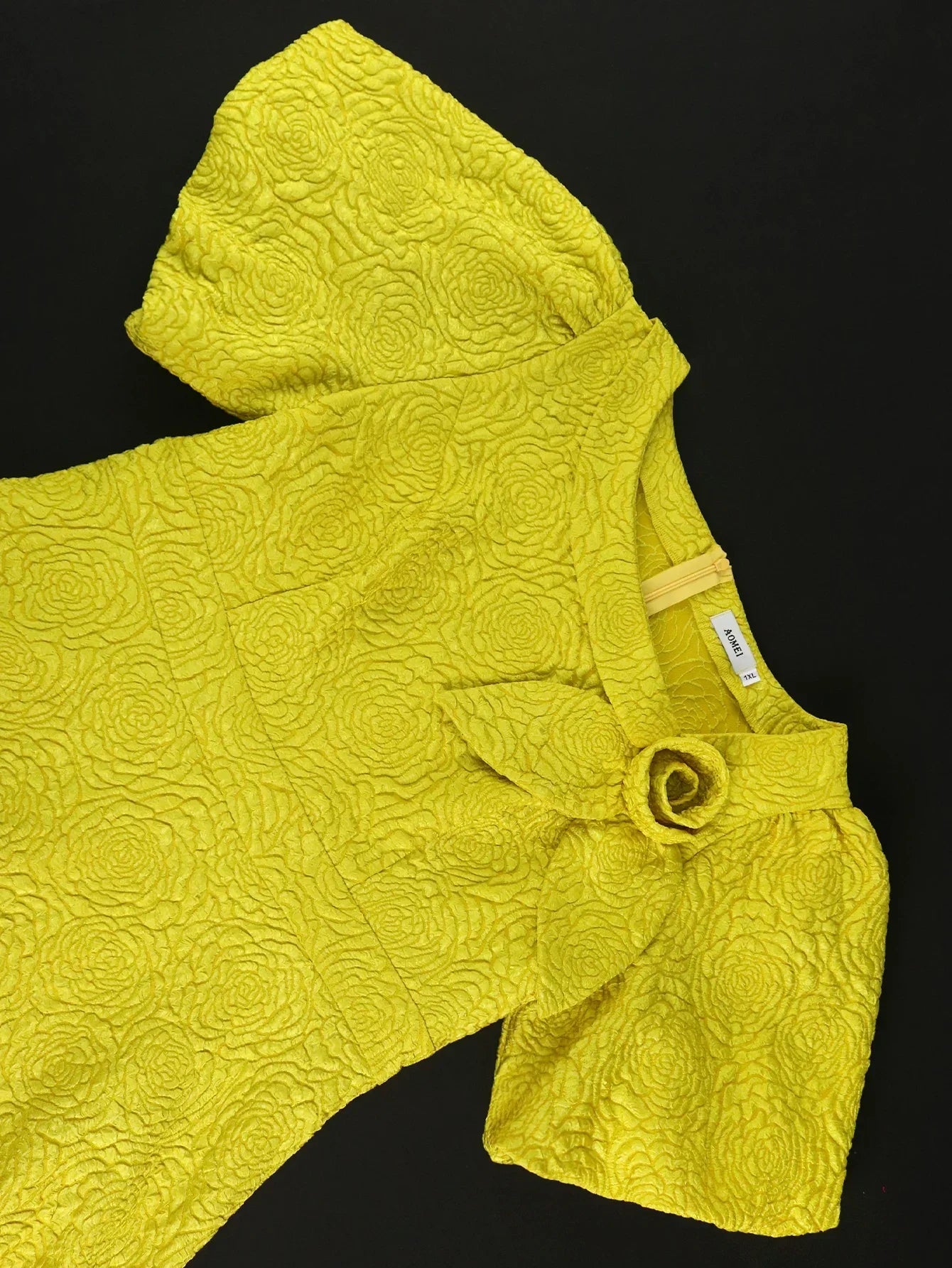 Jacquard Women’s Elegant A-Line Dress – Puff Sleeve 3D Flower Dress