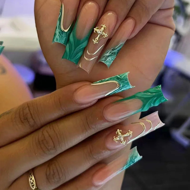 ✨ 24pcs Gold French Border Press-On Nails – Long Coffin Style with Rhinestones