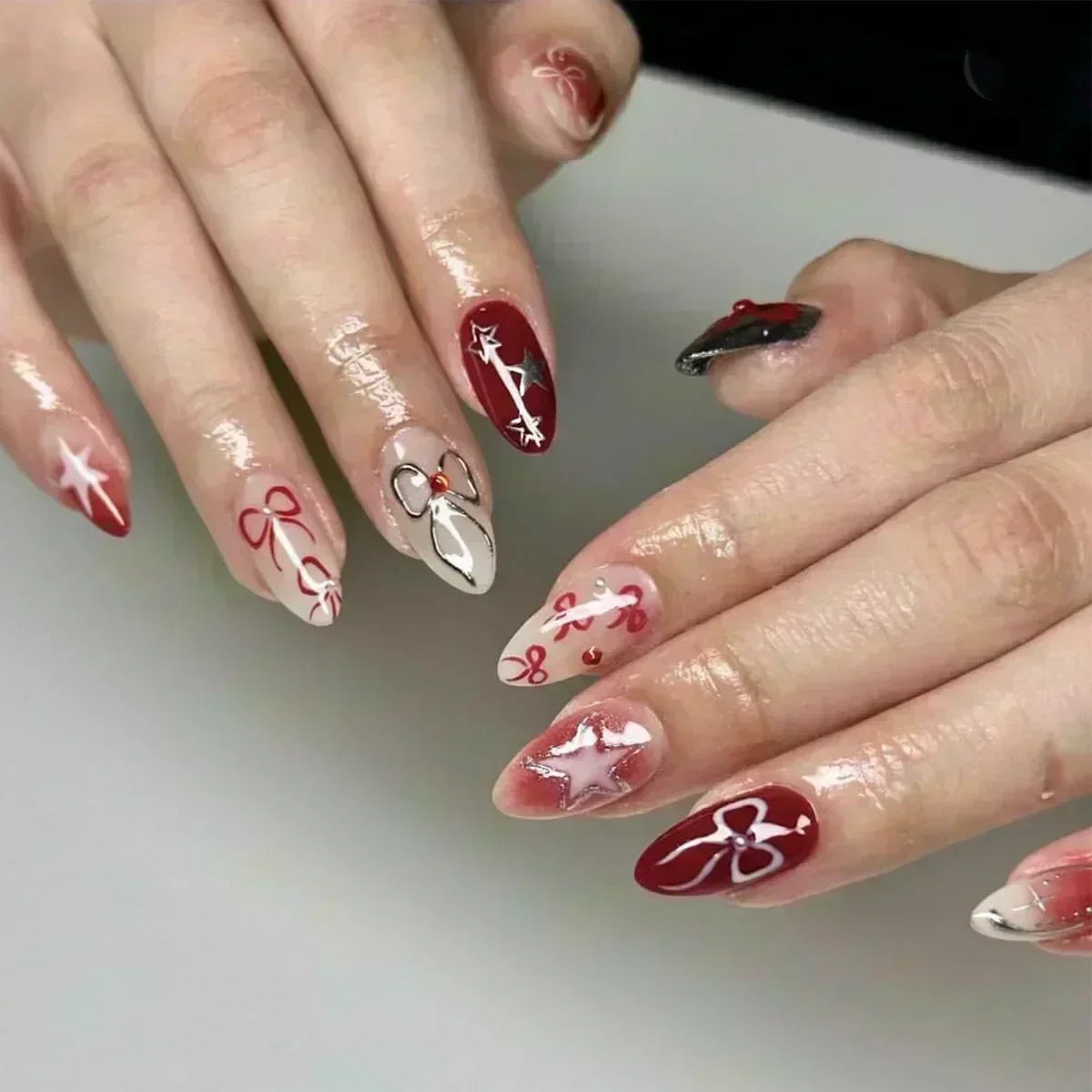 🌸 24pcs Pink Almond Press-On Nails – Sweet Summer Floral with Pearls