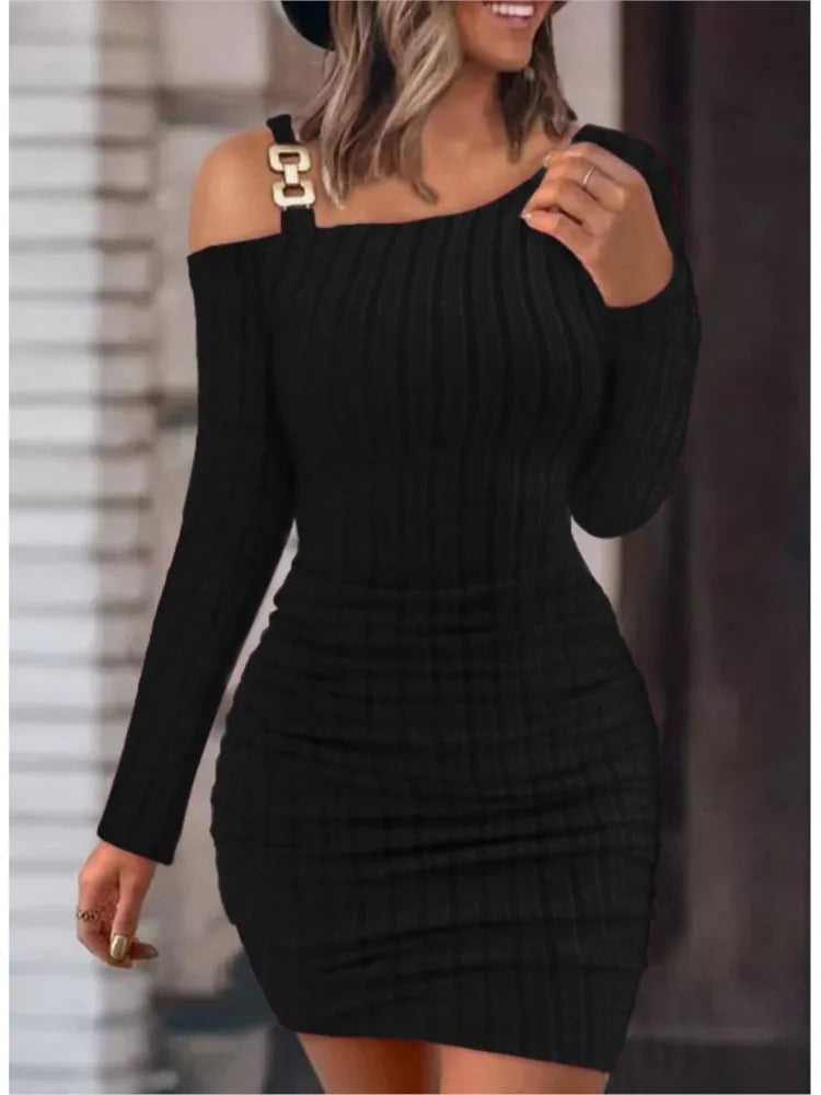 Sexy Chain Off-Shoulder Mini Dress – Autumn & Winter Chic