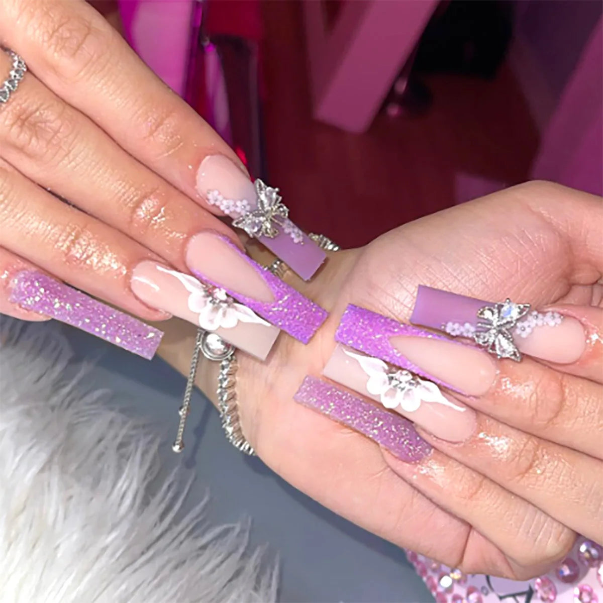 ✨ 24pcs Gold French Border Press-On Nails – Long Coffin Style with Rhinestones