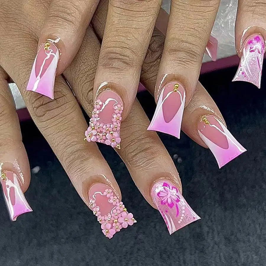 💎 24pcs Duckbill French Press-On Nails – Glitter, Rhinestones & Floral Charm