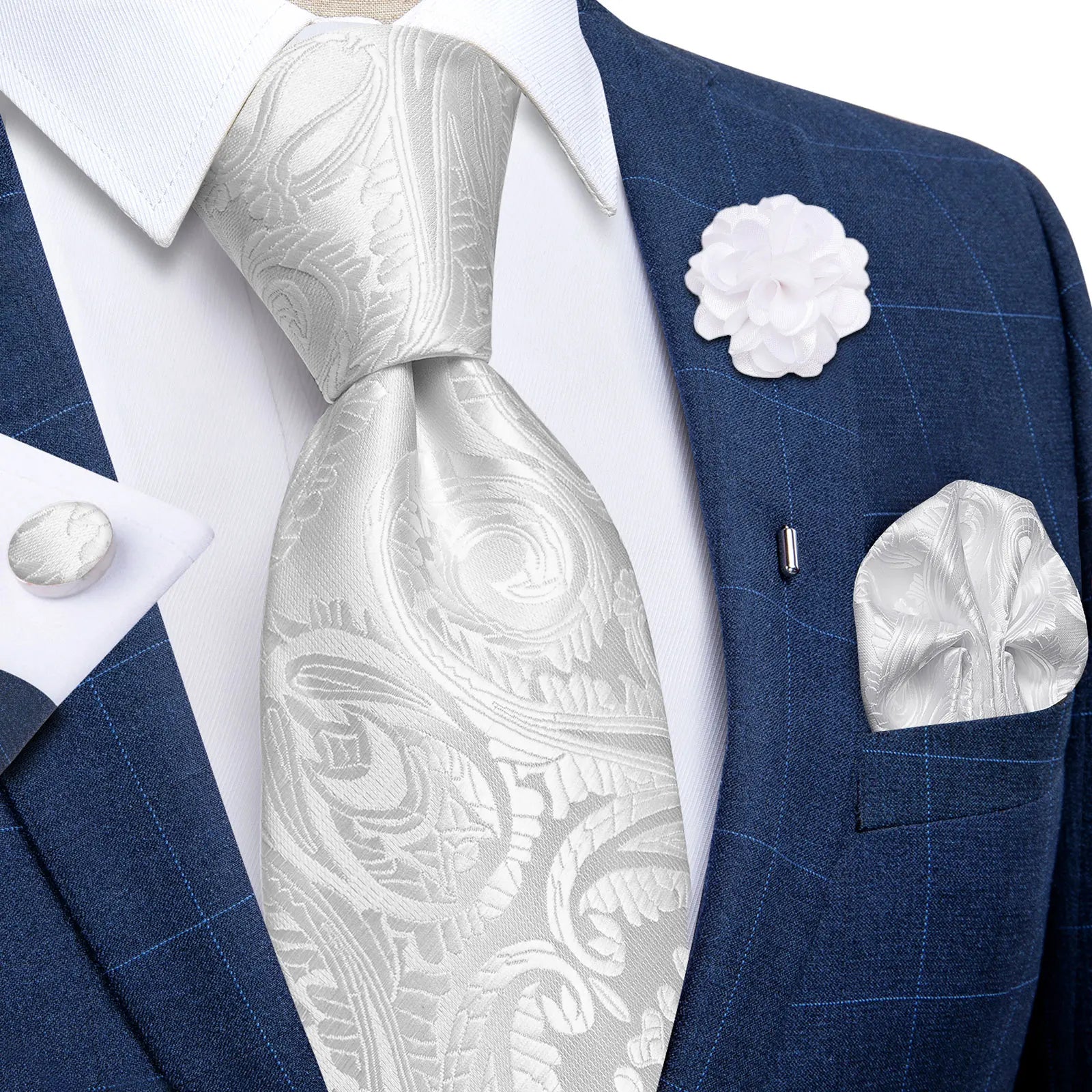 Blue Silver Paisley Neck Tie Set for Men