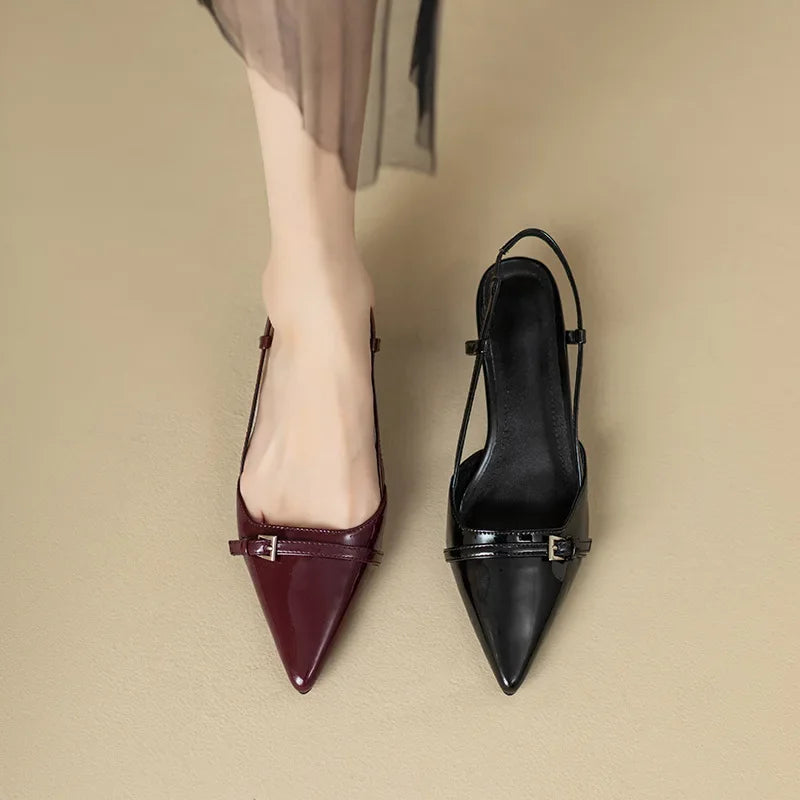 New Summer French Wine Red Patent Leather Mid-Heel Sandals